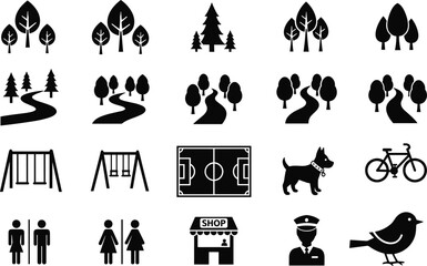 Obraz premium Park and recreation silhouettes collection, trees pathways swings soccer field animals icons, black vector illustration, minimal design background art