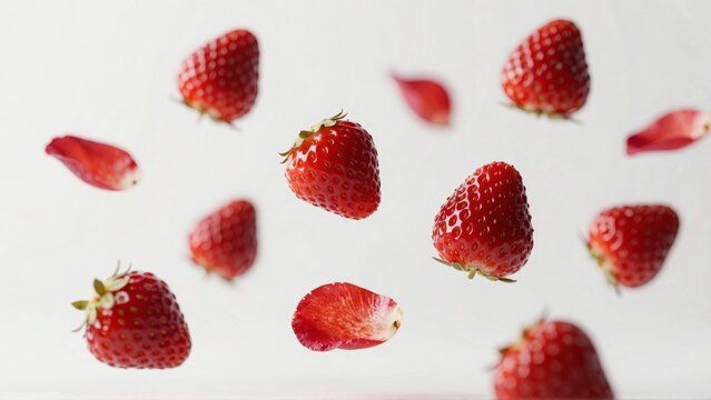 Red strawberries floating in midair against white background