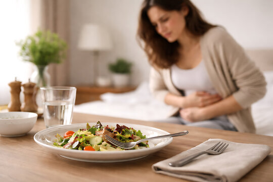 A person with stomach pain. Focus on food in front and a sick person in background. This scene reflects the aftermath of indigestion or food poisoning 
