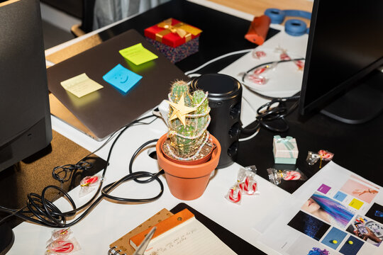 Decorated cactus on office table