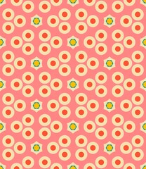 Vintage seamless illustration featuring a decorative pattern of red and green apples mixed with pink hearts and polka dots on a retro fabric texture wallpaper backdrop