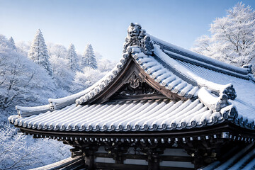 Fototapeta premium A snow-covered temple roof in a serene winter landscape, showcasing cultural architecture amidst frosted trees.