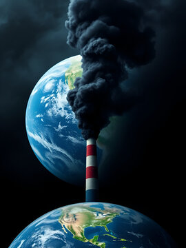 Smog and Globe: A stark visual depicting a smokestack belching black smoke against the backdrop of the Earth, symbolizing industrial pollution and environmental degradation.
