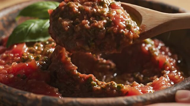 Macro view of chopped tomatoes with basil and herbs blending slowly in rustic bowl with wooden spoon serving portion close up
