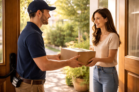 A delivery person handing a package to a woman at her doorstep. The scene portrays a moment of exchange and service