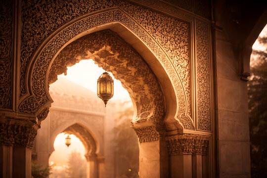 Intricate arched doorway with a hanging lantern inside an ancient building during sunset 