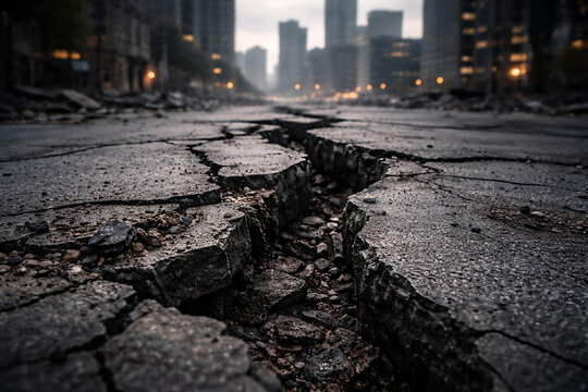 An earthquake devastation on a city road with buildings in the background.