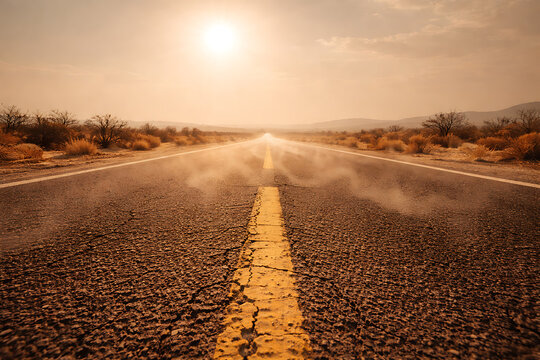 An endless road leads towards a sun in a desert landscape