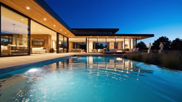 Luxurious modern architectural home featuring extensive glass walls and a sparkling infinity swimming pool illuminated at twilight