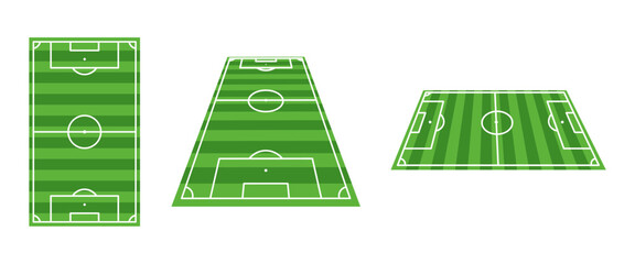 Soccer field vector set with top view and perspective angles. Green football stadium background with detailed pitch lines. Perfect for sports design, infographic, poster and web. © Slamet