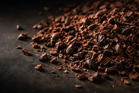 Close-up of crushed cocoa nibs with texture. A culinary delight for the senses