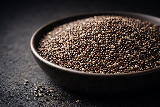 A close-up shot of a bowl brimming with chia seeds, offering a glimpse into the natural goodness of this superfood. The bowl sits against a dark backdrop.
