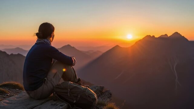 A man sitting on a rocky outcrop overlooking a mountain range at sunset with warm orange tones. Perfect for travel, adventure, and landscape photography.
