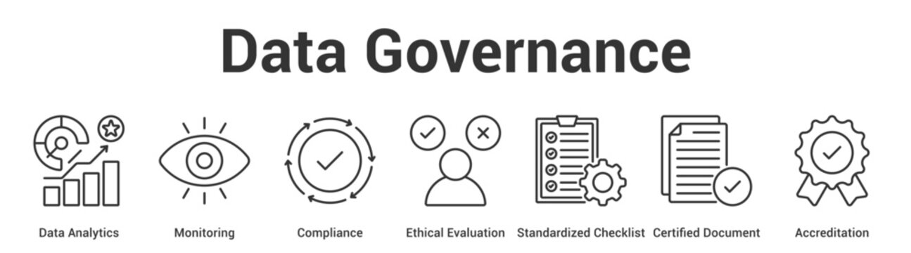 Data Governance web banner icon set vector illustration concept for business with icon of Data Analytics, Monitoring, Compliance, Ethical Evaluation, Standardized Checklist, Certif.