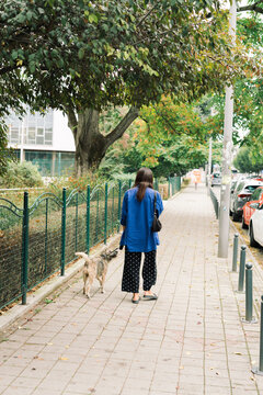 Woman with her mixed breed dog in the city
