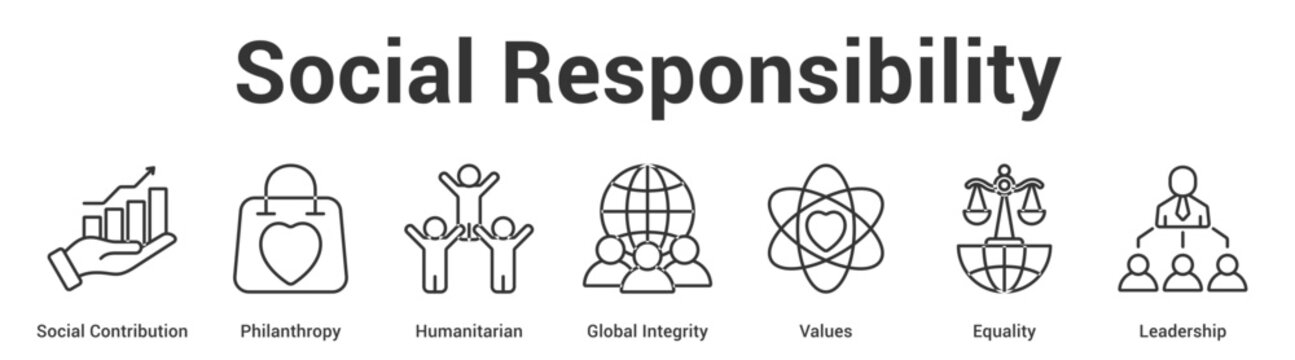Social Responsibility web banner icon set vector illustration concept for business with icon of Social Contribution, Philanthropy, Humanitarian, Global Integrity, Valu.