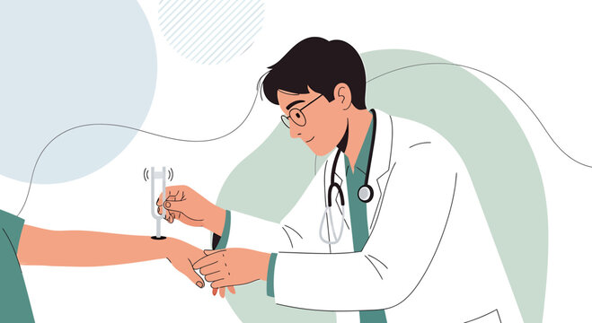 Doctor performing neurological test on patient's arm with tuning fork