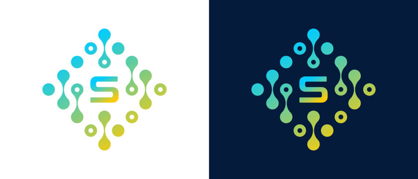 Abstract Letter S Technology Logo with Connected Dots design representing digital technology, data flow, innovation, and network connectivity