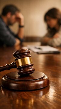 Divorce legal separation concept gavel judge courtroom table wood foreground blurred couple argument paperwork emotional tension conflict decision serious family law justice hammer moment