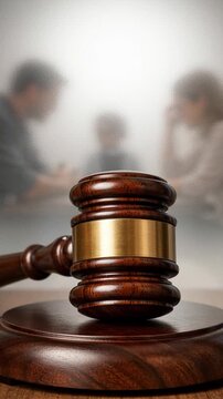 Divorce legal separation courtroom gavel wooden hammer law justice conflict decision symbol family court scene with child custody dispute emotional judgment and couple argument blurred tension