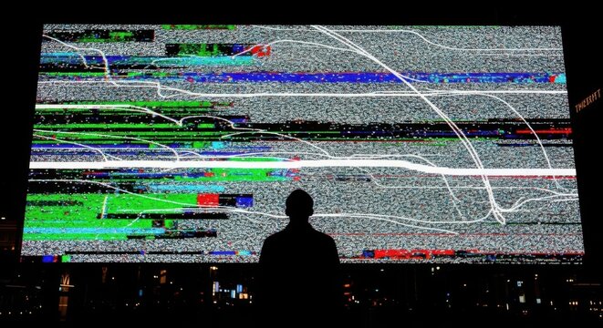 A silhouette of a person watching a large screen with a distorted digital glitch effect
