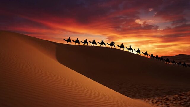 Silhouetted caravan of camels traversing the vast arid sand dune crest under a dramatically colorful and fiery desert sunset sky horizon