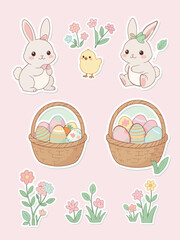 Fototapeta premium Spring Easter Icons Pack with Rabbit, Chick and Basket