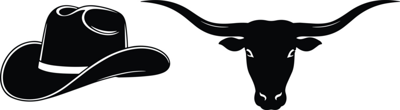 Cowboy hat silhouette, longhorn steer head with wide horns, western ranch culture vector illustration, Texas heritage design icons collection