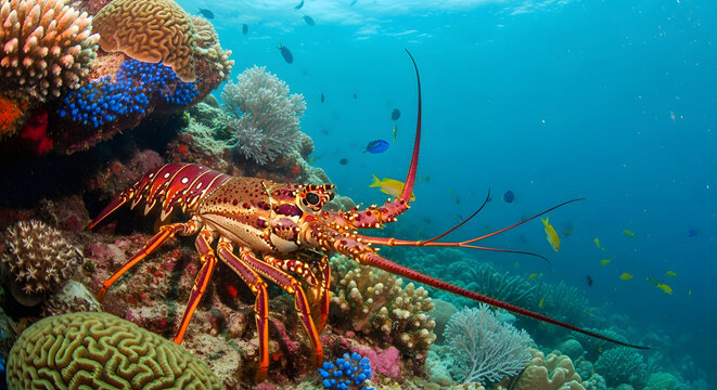 Underwater shot of spiny lobsters hiding among coral reefs