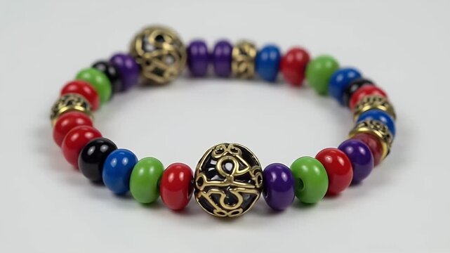 Closeup colorful beaded bracelet with ornate gold accents on white background