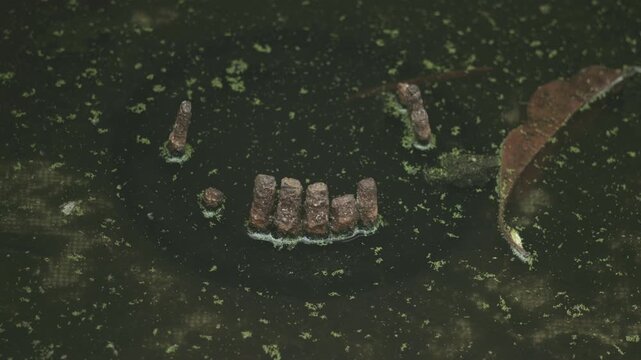 A locked-off, top-down view of weathered rusty rebar protruding from dark, stagnant pond water covered in green duckweed and a decaying leaf.