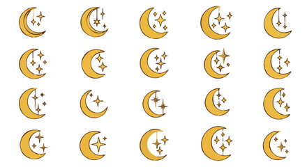 Golden Crescent Moon and Star Icons for Islamic Ramadan Decoration