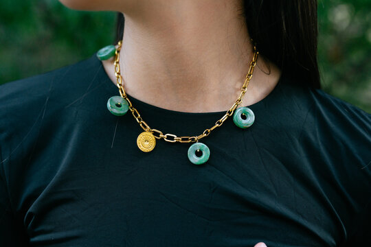 Golden Chain Necklace with Green Accents