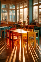 Fototapeta premium Bright preschool classroom filled with colorful tables and chairs under warm sunlight