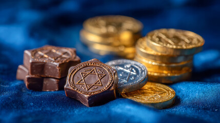 Hanukkah gelt chocolate coins on blue fabric