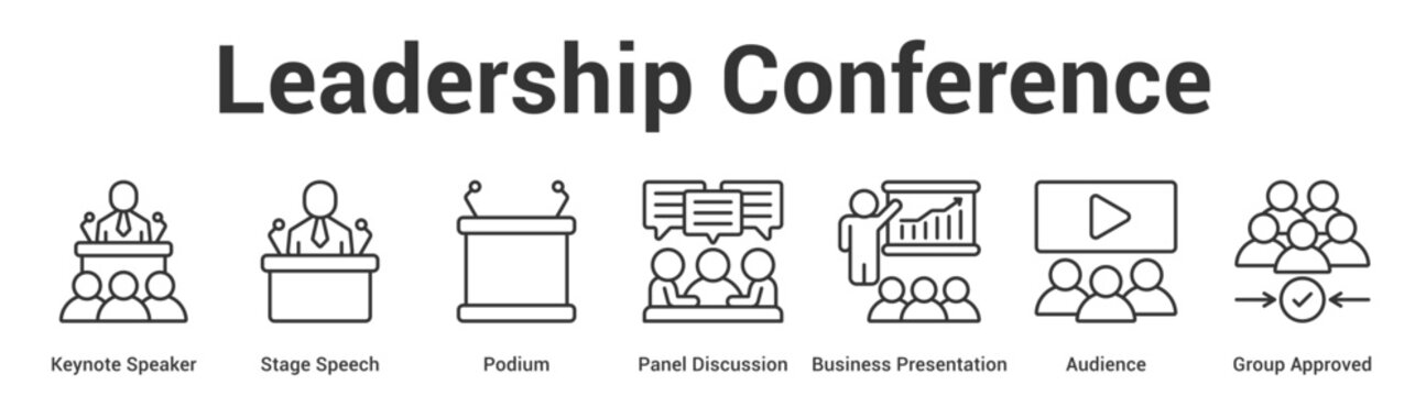 Leadership Conference web banner icon set vector illustration concept for business with icon of Keynote Speaker, Stage Speech, Podium, Panel Discussion, Business Presentation, Audien.