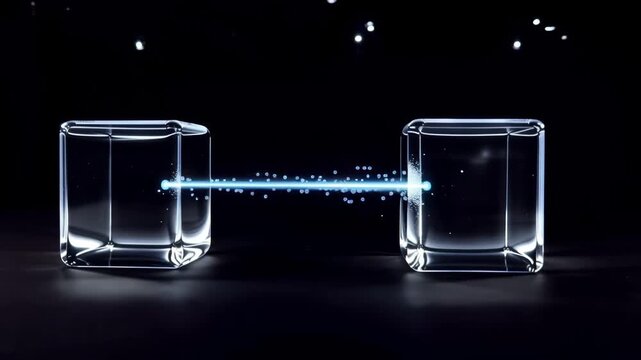 Two transparent glass blocks are connected by a luminous energy beam against a stark backdrop, with the theme of connectivity and data transmission.