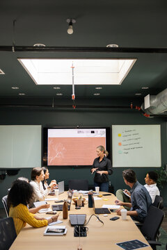 Professional business meeting with presentation in a modern space