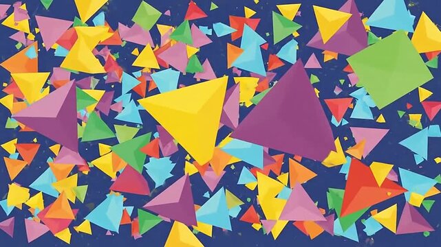 Abstract colorful geometric pattern with scattered triangles on a dark blue background, creating a playful design