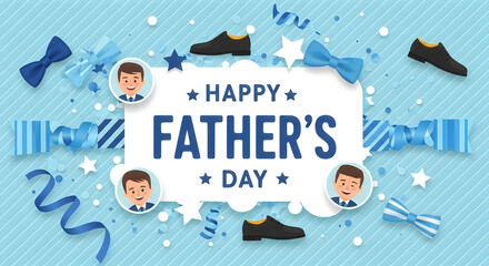 Naklejka premium Happy father's day wishes greeting card with blue ribbon and shoes