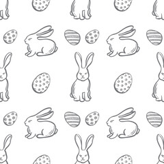 Easter seamless pattern with bunny and dyed eggs vector graphic illustration. Whimsical hand drawn rabbit animals doodle background for Happy Easter design. Template for holiday textile, packaging.