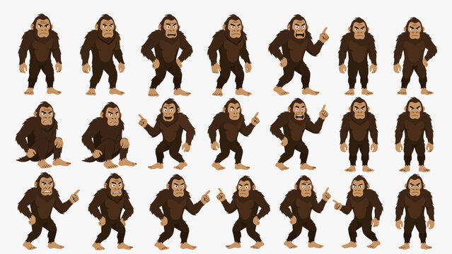 Angry pointing sasquatch vector character mascot set. Bigfoot ape gorilla monster poses. Comic style wildman standing talking illustration bundle.