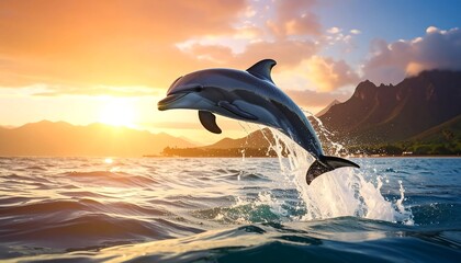 Fototapeta premium A dolphin jumps out of the water with a mountain range