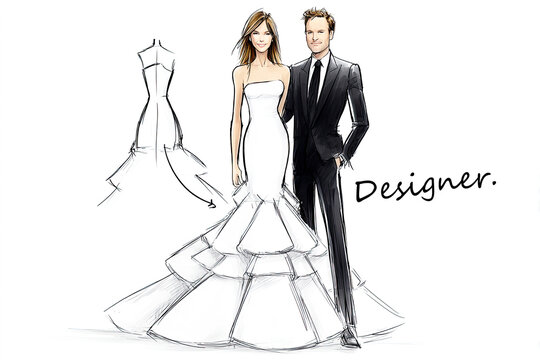 Fashion sketch of a bride in a layered wedding gown and a groom in a classic black suit, highlighting elegant design and style on white background.