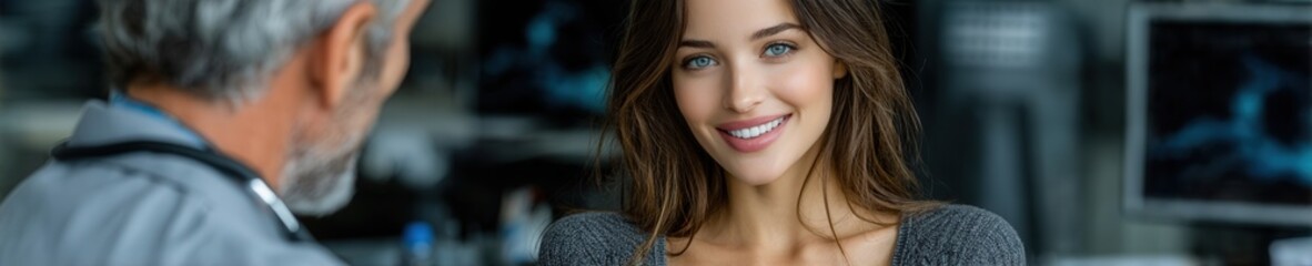 Obraz premium Pregnant woman and doctor discussing genetic testing in bright medical office with natural sunlight for maternal healthcare and pregnancy concept.