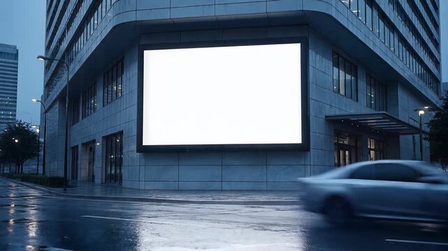 A large blank billboard on a city building at dusk with a car speeding by on a wet street