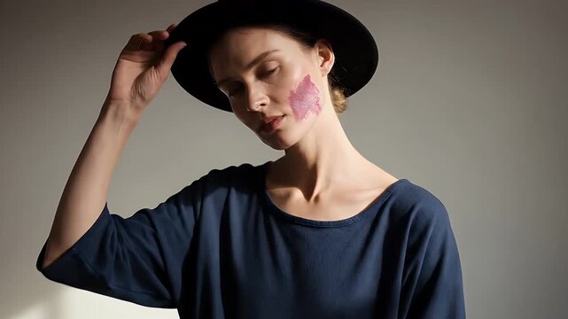 fashion portrait woman in blue blouse and hat with side light