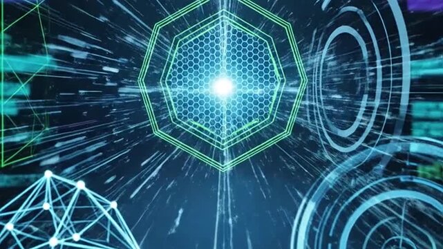 Futuristic digital tunnel with a glowing octagon core animation.