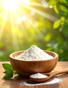 A wooden bowl filled with white powder on a table with a spoon