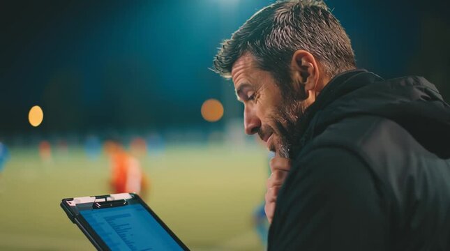 Soccer coach watching players on field at night under stadium lights